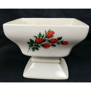 Vintage 50s McCoy Pottery Ivory Red Roses 5.5" Pedestal Planter #325 USA Floral